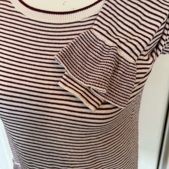 Loft Sweater Knit Striped Ruffle Cuff Cream Maroon Red Size Small Petite - Picture 3 of 8